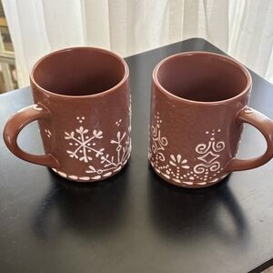 Pottery Barn Brown Mugs with White Design